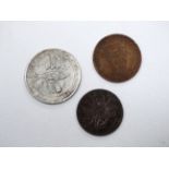 A silver Cornish penny 1811 - together with a 1887 Victoria silver florin and a Jersey 1894 1/20th