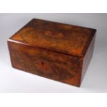 A Victorian walnut and inlaid work box - width 28cm, depth 19cm, height 14cm.