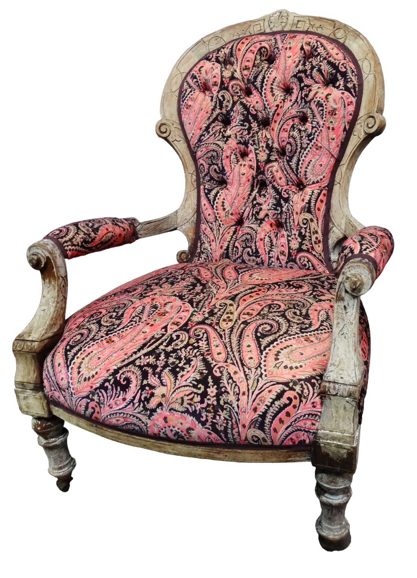A late Victorian walnut framed spoon back button upholstered open armchair - covered in pink paisley