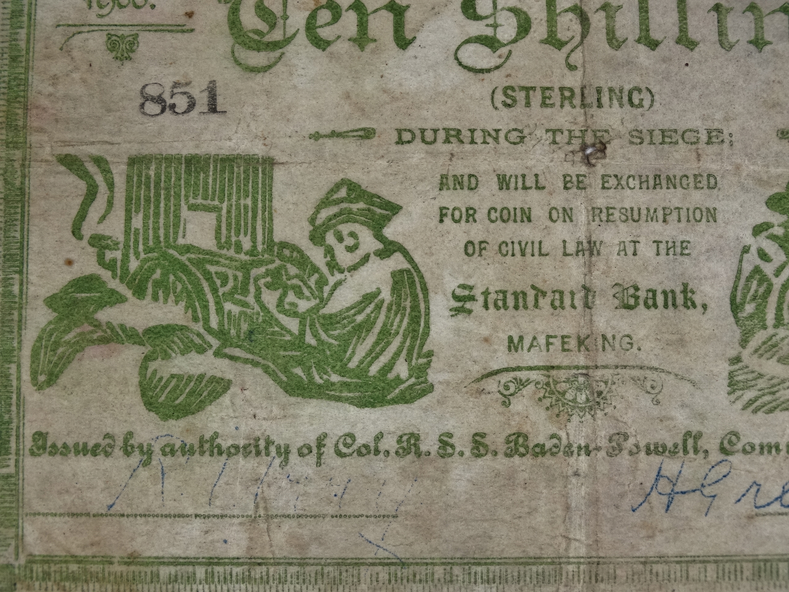 A Mafeking Ten Shillings Siege note - No 851, Standard Bank, signed by Captain H Greener, Chief - Image 3 of 4