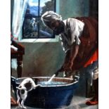 Early 20th Century Indian School Servant Running A Bath With Dog Looking On Oil on board Framed
