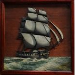 An early 20th century wooden diorama - depicting a frigate at sea, framed and glazed, 48 x 48cm.