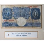 A Peppiatt blue war issue £1 note 1940 - framed and glazed, overall size 27 x 36cm.