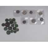 A collection of late Roman coins - mostly bronze with some silver
