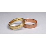 An 18ct yellow gold wedding band - with milled decoration, size P/Q, weight 3.8g, together with a