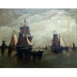 After Frederick James Aldridge Shipping Oil on canvas Signed and dated 87 lower right Framed Picture