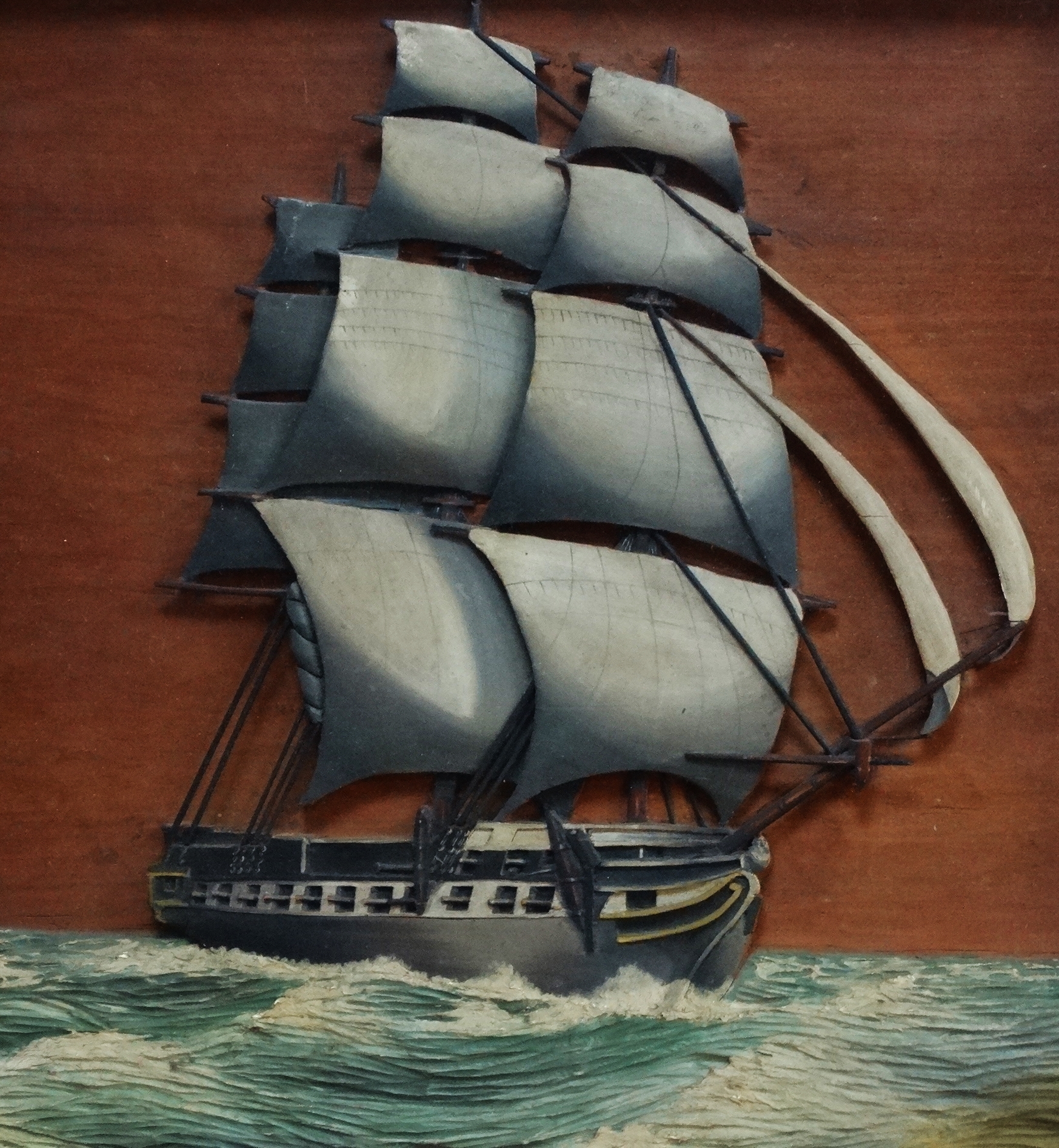 An early 20th century wooden diorama - depicting a frigate at sea, framed and glazed, 48 x 48cm. - Image 2 of 4