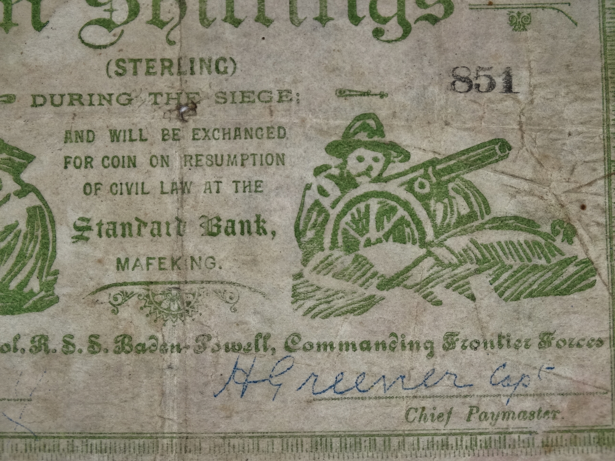 A Mafeking Ten Shillings Siege note - No 851, Standard Bank, signed by Captain H Greener, Chief - Image 4 of 4