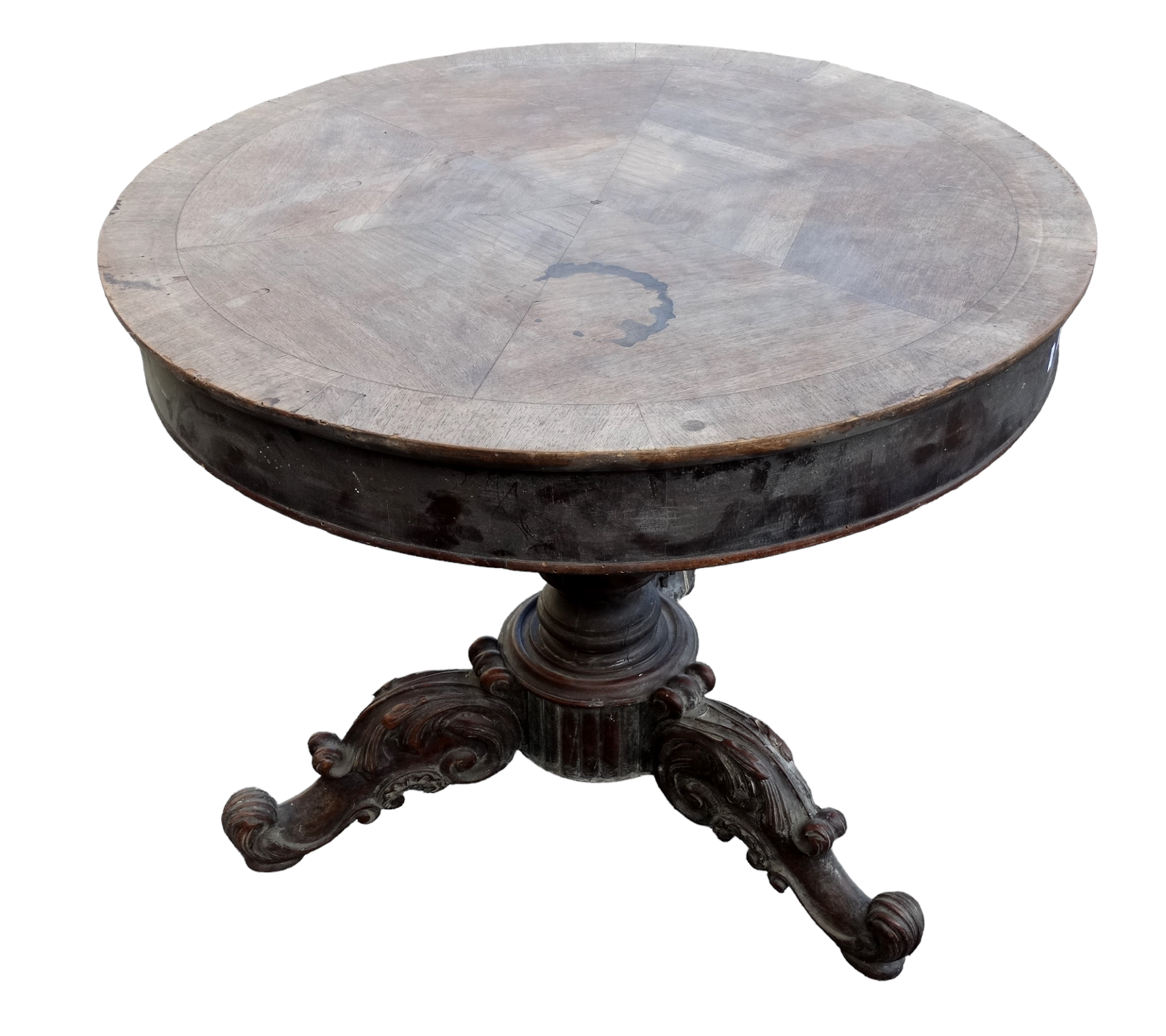 A 19th century French walnut circular pedestal table - the segmented veneered top above a central