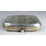 A Russian silver cigarette case - with geometric band, fern and foliage decoration, width 7cm,