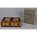 A late 19th century Vizagapatam card case, width 10cm, together with a mystery box, with playing