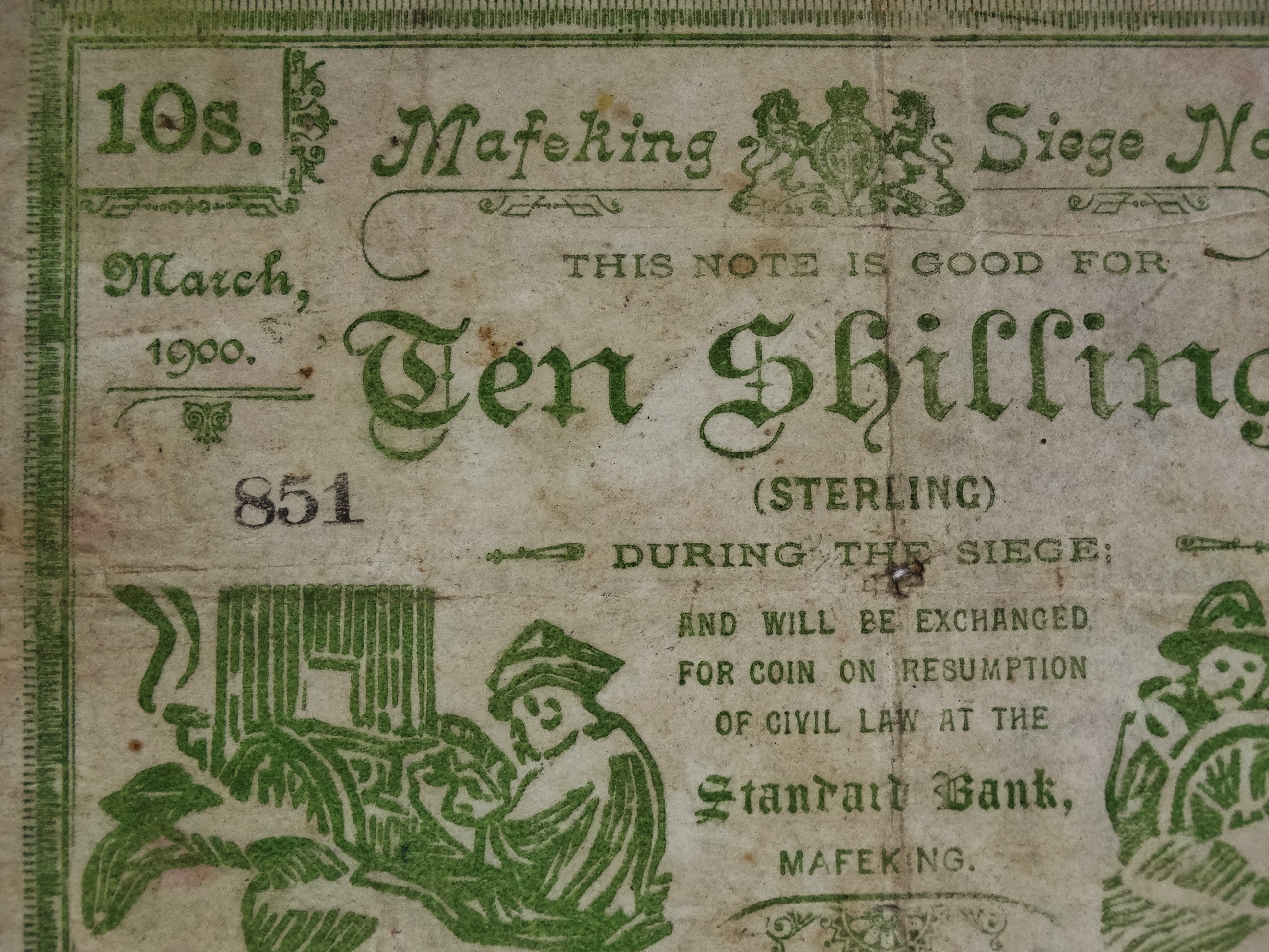 A Mafeking Ten Shillings Siege note - No 851, Standard Bank, signed by Captain H Greener, Chief - Image 2 of 4