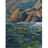 R - 20th/21st Century British, Figures in a Rocky Cove, Gouache, Signed with initial and dated 1984,