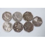 Seven 50 pence coins - collectable reverses, including 2000 Public Libraries, 2005 Johnsons