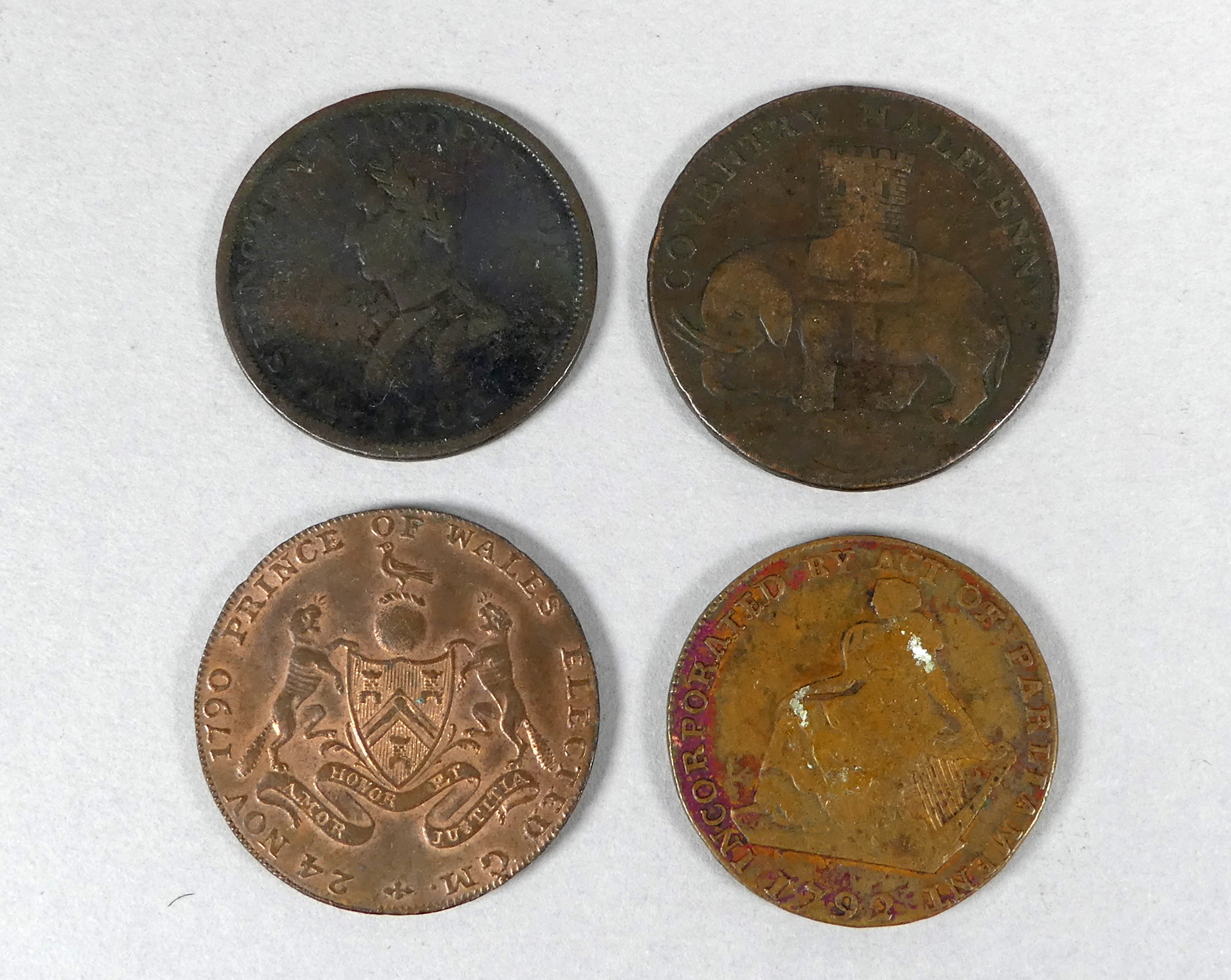 Four tokens - to include, Masonic Prince of Wales elected G.M. 1790, Turner Canal 1/2d 1792,