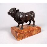 After the antique bronze bull - standing square on a red marble rectangular base, width 10cm