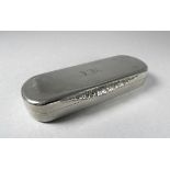 A continental white metal snuff box - engraved with initials, length 8.5cm, weight 47g.