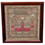 A late Victorian needlework sampler - showing Solomon's temple with cherubs, peacocks and flowers,