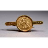 A Victorian half sovereign - mounted in a 9ct yellow gold bar brooch frame, weight 5.8g.