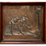 An early 20th century bronze plaque - cast in relief with Punchinello and signed Stella, framed,