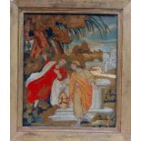 A Victorian embroidery and stumpwork panel - showing a couple at the well, framed and glazed,