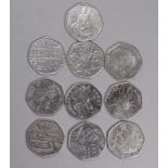 Ten commemorative 50 pence coins - to include Olympics, Paddington Bear, Peter Rabbit etc.