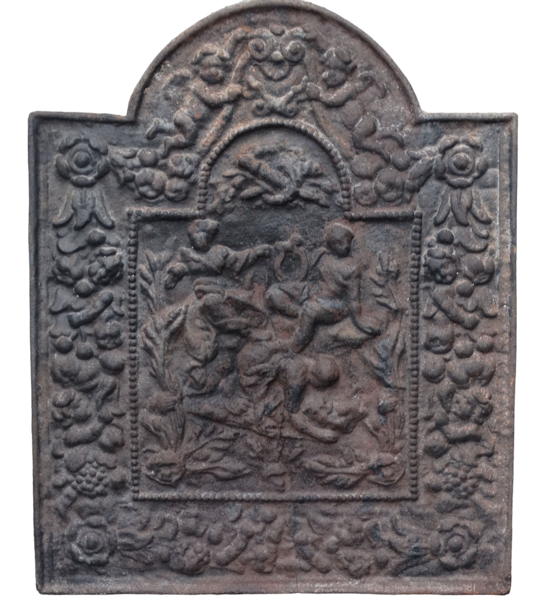 An 18th century cast iron fire back - decorated with cherubs within a broad foliate band, height