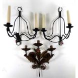 A pair of contemporary wrought steel wall lights - twin branch, height 36cm, together with another