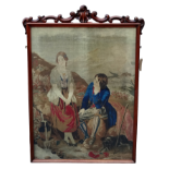 A Victorian walnut framed embroidery - lovers at a well, the frame with a foliate cornice, 124 x