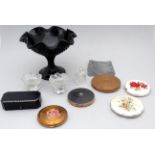 A black pressed glass tazza - height 13.5cm, together with five compacts, a pair of glass salts