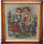 A Victorian gross point embroidered panel - two boys selling flowers and potatoes, framed and