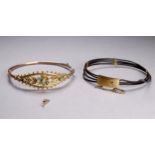 A Belle Epoque 9ct yellow gold bangle - set with pearls and turquoise, weight 5.3g, together with