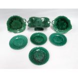 A Wedgwood style strawberry service - green glazed moulded leaf decoration, comprising of a comport,