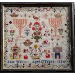 A William IV needlework sampler - showing flowers and birds, Jane Williams Aged 17 Years 1834,