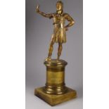 A 19th century gilt bronze casting of Athena - standing holding a scroll aloft, on a drum base,