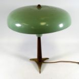 A mid 20th century French table lamp - with a green dished shade on a turned teak support and