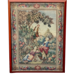 A large late 19th century embroidered panel - gathering fruit, framed and glazed, overall size 123 x