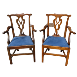 A pair of Georgian ash Chippendale style open armchairs - with pierced vase shaped splats and slip-