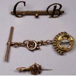 A 9ct yellow gold bar brooch - with initials C.B., together with a 9ct yellow gold short chain and