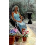 Stella CARTON-KELLY 20th/21st Century British School Woman Seated On A Terrace Oil on board Signed