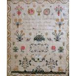 A William IV needlework sampler - embroidered with a house, flowers and birds, signed Sarah Fox Aged