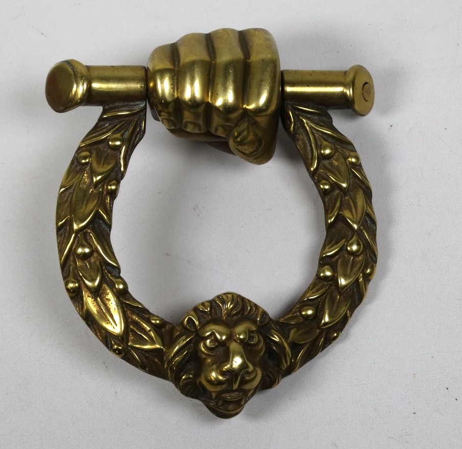 A 19th century brass door knocker - moulded in the form of a hand holding a wreath, height 15cm, - Image 2 of 3