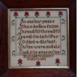 A Victorian needlework sampler - Elizabeth Court 1855, framed and glazed, overall size 41 x 41cm.