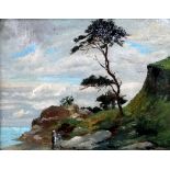 Early 20th Century British School Pine Tree and Figures On The Coast Oil on canvas Framed Picture