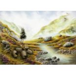 Steve SMITH 20th/21st Century British Sheep Beside A Highland Stream Ceramic panel Signed lower