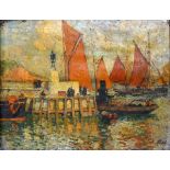 20th Century British School A Busy Harbour With Mackerel Fleet Oil on canvas Bearing signature lower