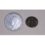 A small Roman Constantinople coin - together with a silvered George V halfpenny 1932.