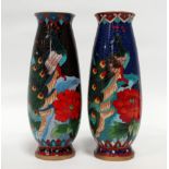 A pair of 20th century cloisonne vases - decorated with a peacock and chrysanthemum, height 16cm.