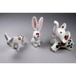 Three Wemyss ware Plichta clover pattern animals - one with printed PLICHTA/LONDON/ENGLAND mark,