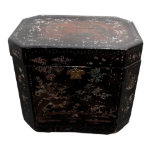 A 19th century Chinese black lacquer trunk - of rectangular form with canted corners, decorated in